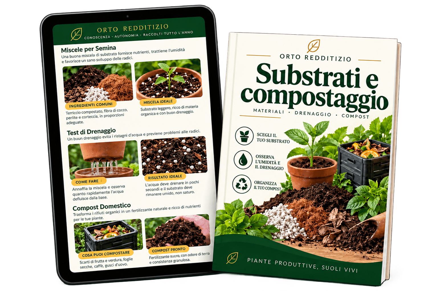 Guida ai substrati e al compostaggio su libro e tablet