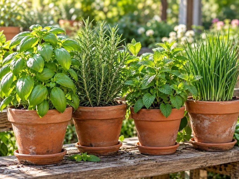 Basilico, rosmarino, menta ed erba cipollina in vasi di terracotta