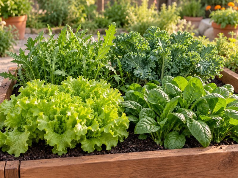 Lattuga, rucola, cavolo riccio e spinaci in un cassone di coltivazione