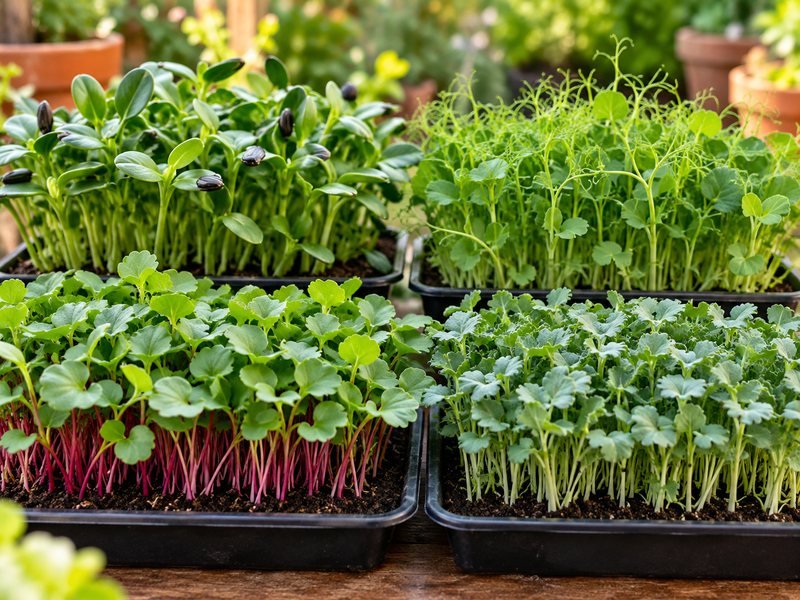 Vaschette di microgreens di girasole, pisello, ravanello e broccolo