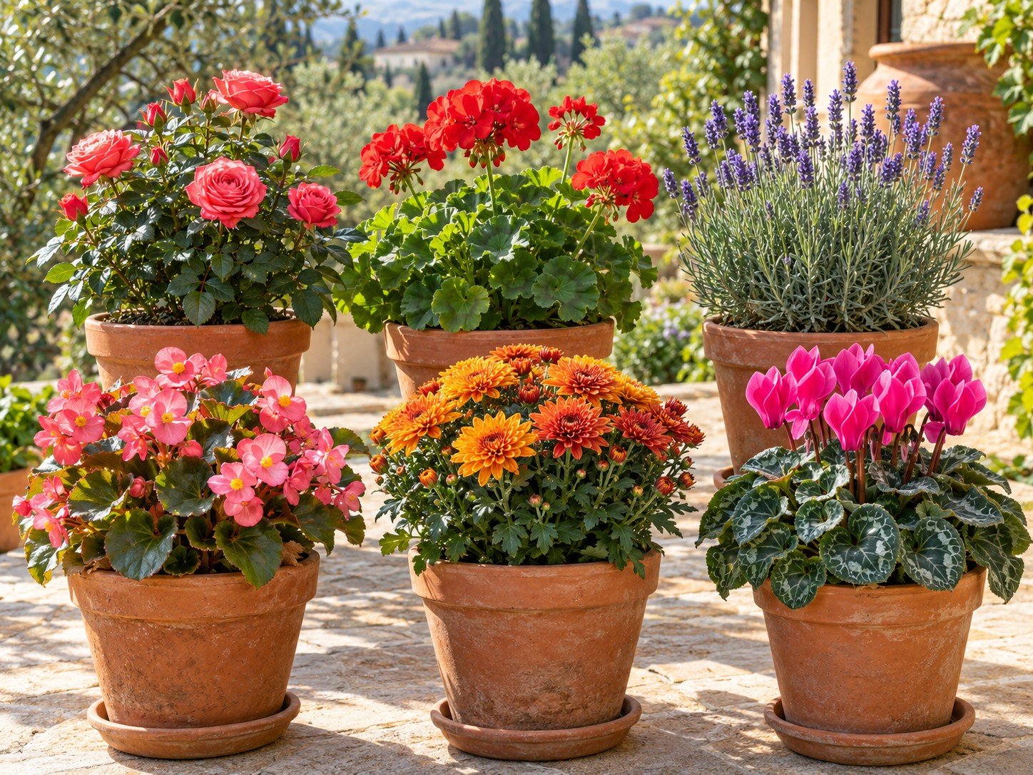 Rose, gerani, lavanda, begonie, crisantemi e ciclamini in vaso