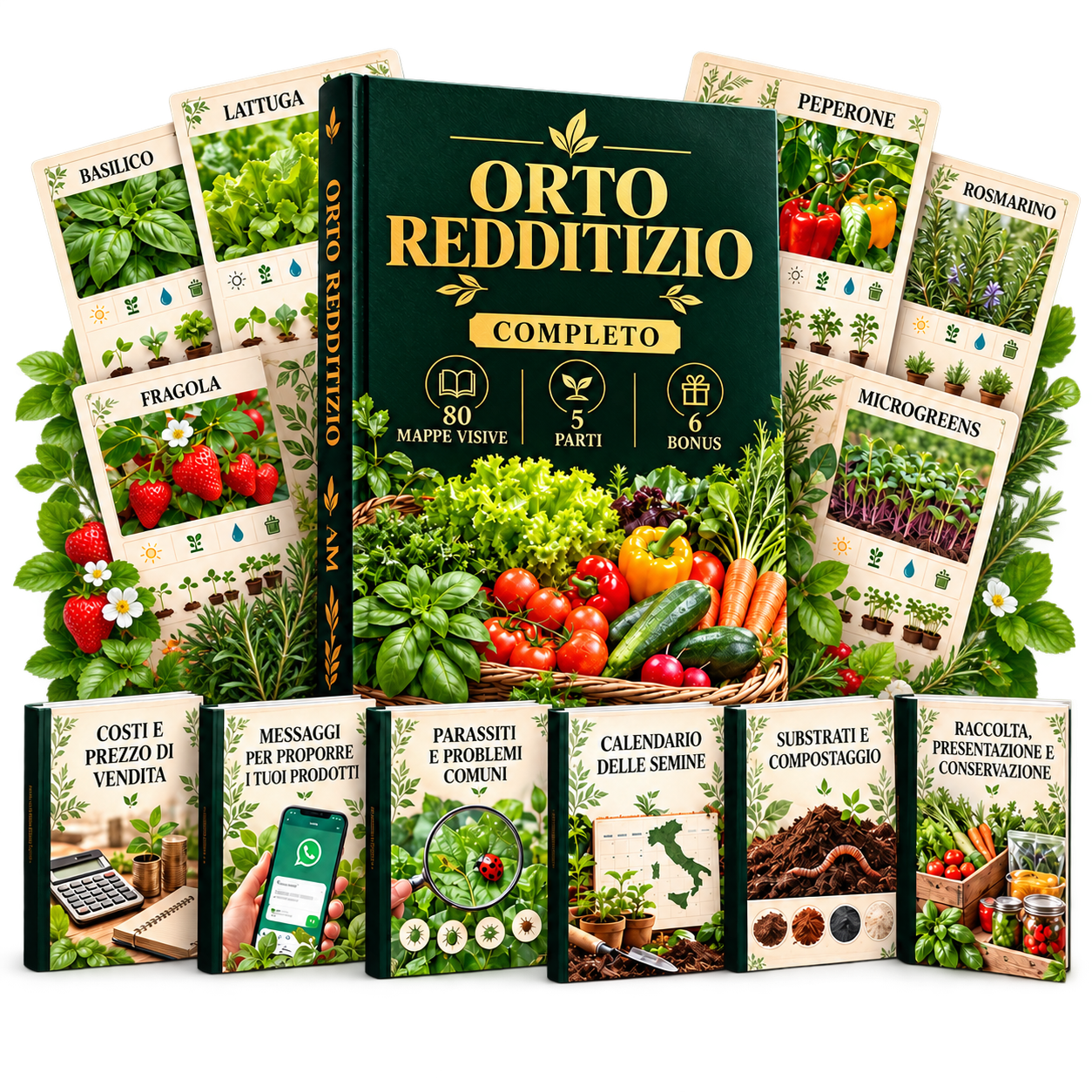 Guida pratica Orto Redditizio con 80 mappe visive di coltivazione in 5 parti